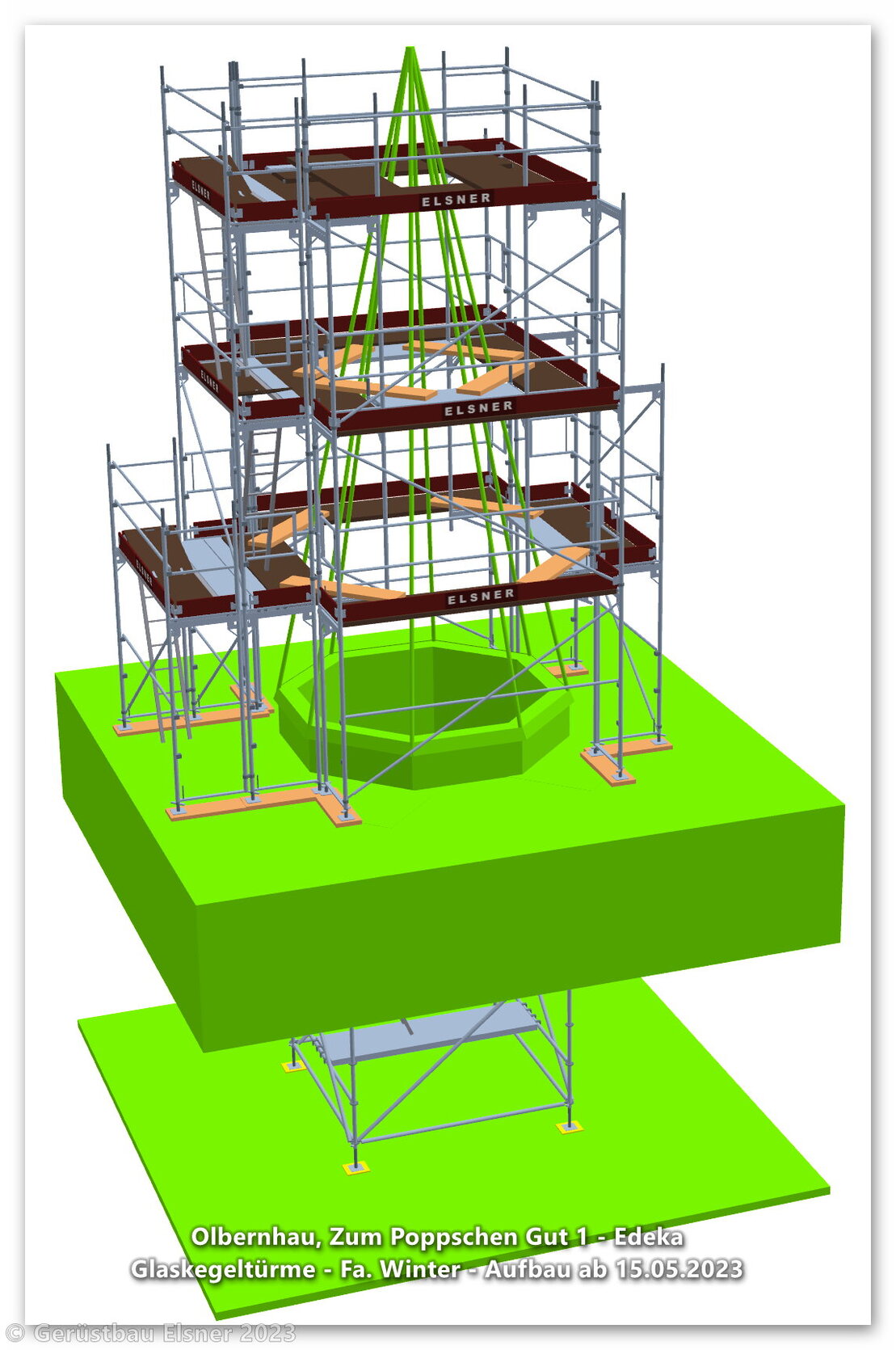 Detailaufnahme eines Gerüstsystems mit Stahlbauteilen